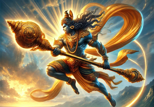 भगवान राम, शक्तिशाली भूषा में, एक भव्य भाला थामे हुए, आकाश में उड़ते हुए दिखाई दे रहे हैं। उनके चारों ओर चमकीले प्रकाश किरणें हैं।